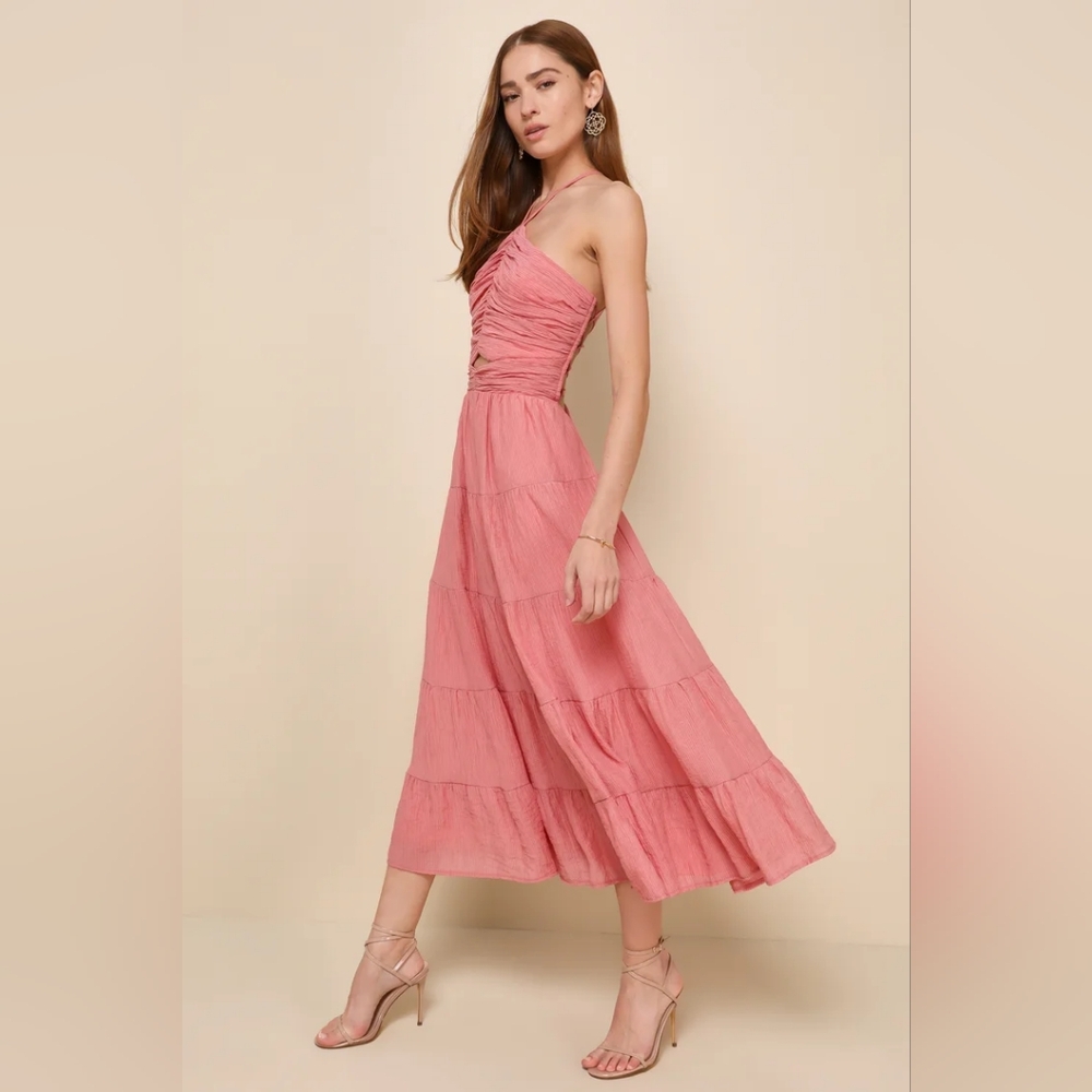 LULUS Effortless Sweetness Rusty Rose Ruched Lace-Up Tiered Midi Dress Sz XL - Picture 11 of 14